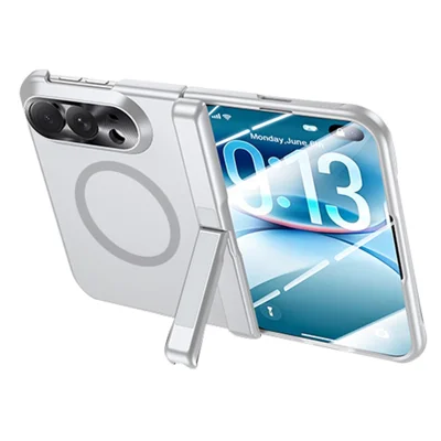 Für iPhone Fold Magnetische Hülle mit HD-Klarem Gehärtetem Glas Film, Feder-Scharnier, Ständer, hautstrukturiertem PC-Telefonbezug - Weiß