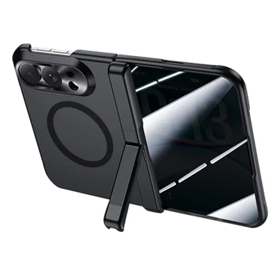 For iPhone Duo Magnetic Case with Anti-Spy Tempered Glass Film Spring Hinge Kickstand Skin-textured PC Phone Cover - Black