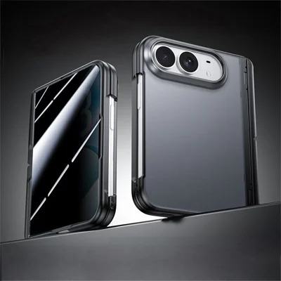 Til iPhone Fold Case med Anti-Spy Hærdet Glas Film Hinge Stand Matte PC + TPU Ultra-Tynd Telefonbeskyttelse - Sort