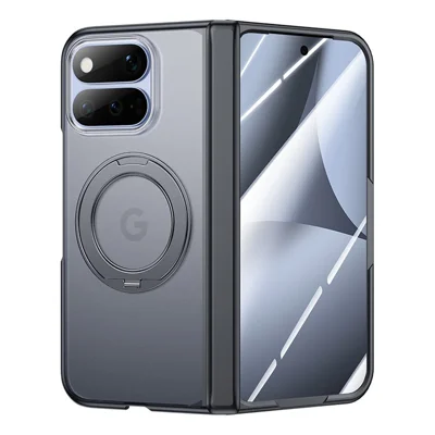 For Google Pixel 11 Pro Fold Case Magnetic Rotating Kickstand Hard PC Phone Cover with HD Clear Tempered Glass Film - Black