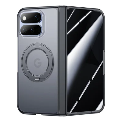 For Google Pixel 11 Pro Fold Case Magnetic Rotating Kickstand Skin-touch PC Phone Cover with Privacy Tempered Glass Film - Black