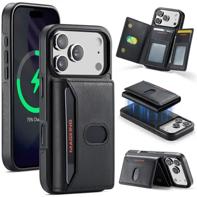 MAGKING K5 for iPhone 18 Pro / 17 Pro Case RFID Blocking 8 Card Holder PU Leather Phone Back Cover - Black