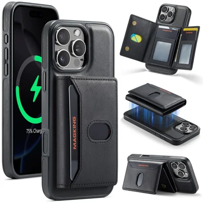 MAGKING K5 for iPhone 16 Pro Case RFID Blocking 8 Card Holder PU Leather Phone Back Cover - Black