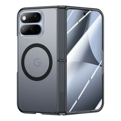 For Google Pixel 11 Pro Fold Magnetic Case Hinge Kickstand Anti-drop PC Phone Cover Built-in HD Tempered Glass Screen Protector - Black