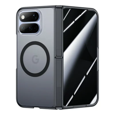 For Google Pixel 11 Pro Fold Magnetic Case with Anti-Spy Tempered Glass Film Spring Hinge Kickstand Skin-textured PC Phone Cover - Black
