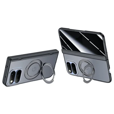 For Google Pixel 11 Pro Fold Case with Anti-Spy Tempered Glass Film Magnetic Rotatable Kickstand PC Phone Cover - Black