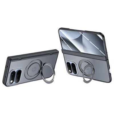 For Google Pixel 11 Pro Fold Case with HD Clear Tempered Glass Film Magnetic Rotatable Kickstand PC Phone Cover - Black