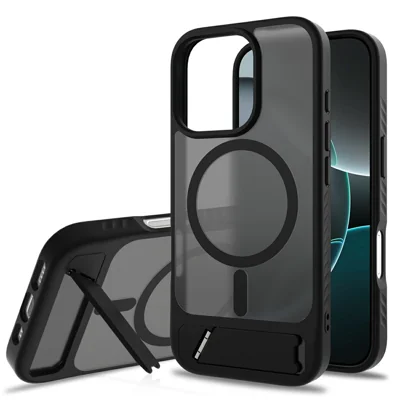 For iPhone 16 Pro Max Magnetic Case Kickstand PC + TPU Skin Touch Phone Cover - Black