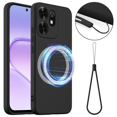  For Honor X6d 5G / Honor 500 Smart 5G Magnetic Case Anti-Drop Liquid Silicone Phone Cover with Lanyard - Black