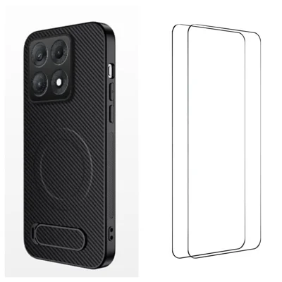  WANLONFENG for Motorola Edge 70 Max 5G QT1 Series Magnetic Case with 2Pcs Tempered Glass Films Kickstand Carbon Fiber Texture PC TPU Phone Cover - Black