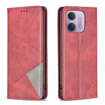Чехол для Xiaomi Redmi 15C 4G (Global) (171 мм) / Xiaomi Poco C85 4G (171 мм) / Xiaomi Redmi 17C 5G с кармашками для карт, геометрическим тиснением, кожаный, красный