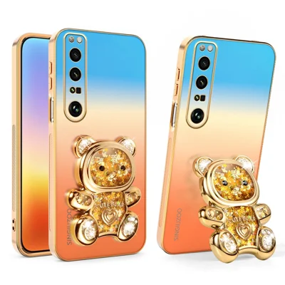SINGIUZOO pour Xperia 1 III 5G Coque à Support Ourson Pailleté Revêtement Dégradé Électrolyse PC + TPU - Orange