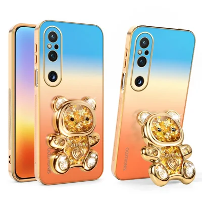 SINGIUZOO pour Sony Xperia 1 V Étui à Paillettes avec Support Ourson et Design Dégradé Métallisé PC + TPU - Orange