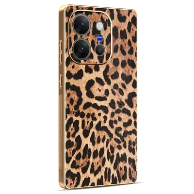 For vivo X300 E 5G Case Leopard Print PU Leather Coated PC + TPU Electroplating Phone Cover - Leopard Print