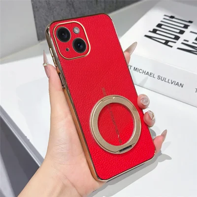 For iPhone 15 Magnetic Case Litchi Pattern TPU PU Cover with Electroplated Metal Ring Kickstand - Red