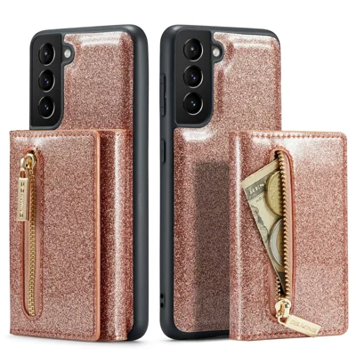 DG.MING M3 Series For Samsung Galaxy S21+ 5G 2-in-1 Glittery PU Leather Coated PC+TPU Back Case Magnetic Detachable Zipper Wallet Scratch-proof Phone Cover with Kickstand - Rose Gold
