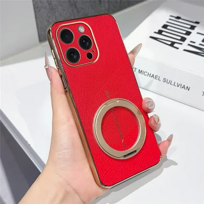 For iPhone 15 Pro Max Magnetic Case Litchi Pattern TPU PU Cover with Electroplated Metal Ring Kickstand - Red