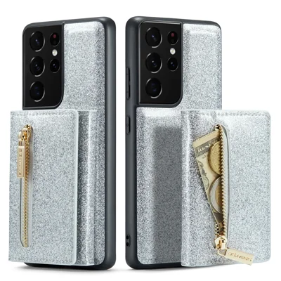 DG.MING M3 Series For Samsung Galaxy S21 Ultra 5G Glitter Sparkly Magnetic Detachable Zipper Pocket Cover Kickstand PU Leather Coated PC+TPU Protective Phone Case - Silver