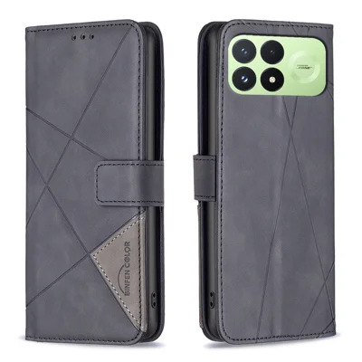 BINFEN COLOR etui na telefon do Xiaomi Redmi K100 Pro 5G / Xiaomi Poco F8 Pro 5G, etui portfelik z uchwytem, pokryte skórą z nadrukiem w geometryczne wzory - Czarny