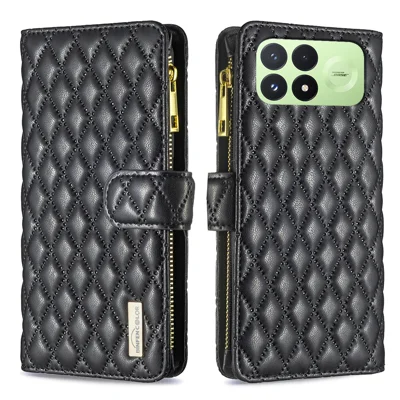 BINFEN COLOR etui skórzane z kieszenią na zamek, pokrywa telefonu z romboidalnym wzorem - Czarny dla Xiaomi Redmi K100 Pro 5G / Xiaomi Poco F8 Pro 5G BF Style-15