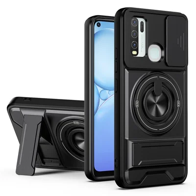 For vivo Y50 Magnetic Case Ring Holder Foldable Kickstand TPU PC Phone Cover with Camera Lens Slider - Black