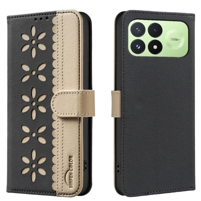 BINFEN COLOR na Xiaomi Redmi K100 Pro 5G / Xiaomi Poco F8 Pro 5G BF36 Etui skórzane z kwiatowym wzorem Etui portfelowe z funkcją RFID i podstawką - Czarny