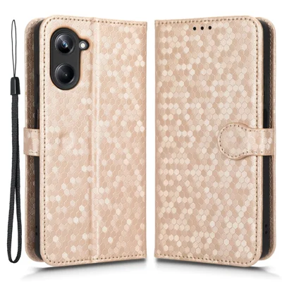 Para Realme 10 4g Patrón de Punto Tobado Impreso Cover PU Cuero Billetera Funda Con la Mano Con Correa - Oro Rosa