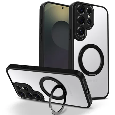 For Samsung Galaxy S24 Ultra Case Rotating Magnetic Kickstand Frosted Matte PC + TPU Shockproof Phone Cover - Black