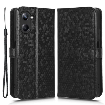 For Realme 10 Pro 5G Anti-fading PU Leather Dot Pattern Imprinted Wallet Case Stand Cell Phone Shell Cover with Strap - Black