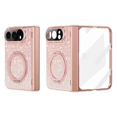 Étui magnétique pour iPhone Fold avec support pivotant, revêtement en cuir PU brillant + PC, protection d'écran - Rose