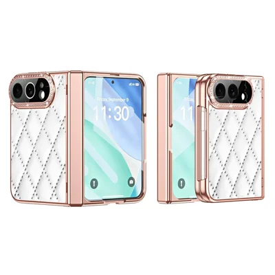 Cover per iPhone Fold con Decorazione in Strass, Custodia in Pelle + PC con Motivo a Rombo e Pellicola in Vetro Temperato - Bianco