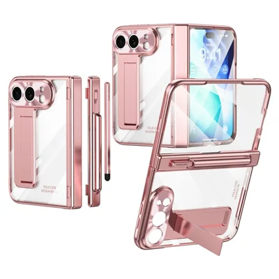 For iPhone Duo Case Magnetic Hinge Electroplated PC Phone Cover with Tempered Glass Film / Stylus - Pink