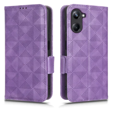 For Realme 10 Pro 5G PU Leather Stand Case Full Protection Phone Wallet Imprinted Triangle Pattern Cover with Hand Strap - Purple