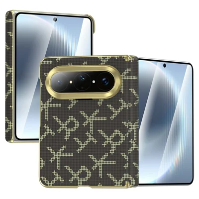 Étui magnétique pour Huawei Pura X Max avec motif en cuir à lettres pixélisées et protection de charnière en PC - Brun