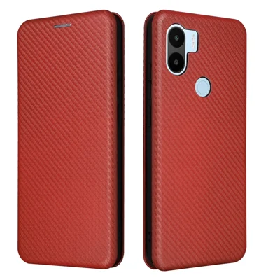 Cover per telefono in pelle PU anti-graffio con porta carte, supporto, texture in fibra di carbonio, chiusura magnetica - Marrone per Xiaomi Redmi A1+ 4G / A2+ 4G / Poco C50 4G