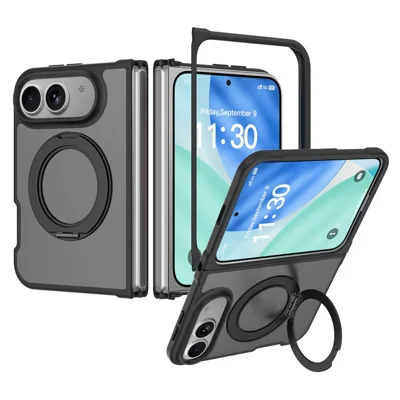 Voor iPhone Fold Case Draaibare Magnetische Standring TPU + Acryl Huidgevoelige Telefoonhoes met Voorframe - Zwart