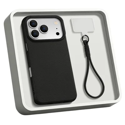 For iPhone 18 Pro / 17 Pro Case with Wrist Strap Large Camera Cutout Litchi Texture PU Leather PC Phone Cover - Black