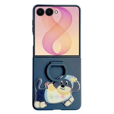 For Samsung Galaxy Z Flip8 Case Skin Touch Silicone Ring PC TPU Phone Cover with Cartoon Dachshund Sticker - Navy Blue