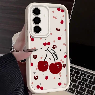 Phone Case For Samsung Galaxy A26 5G / A17 4G / A17 5G Cherry Pattern Camera Protection Full Coverage Shockproof TPU Cover - Antique White