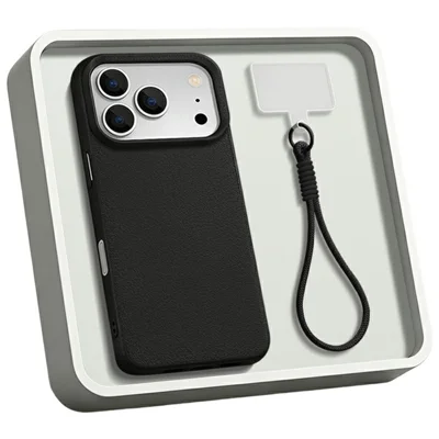 For iPhone 18 Pro Max / 17 Pro Max Case with Wrist Strap Large Camera Cutout Litchi Texture PU Leather PC Phone Cover - Black