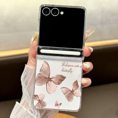 For Samsung Galaxy Z Flip7 5G Case Magnetic Hinge Butterfly Pattern High Transparent PC Hard Phone Cover - A162