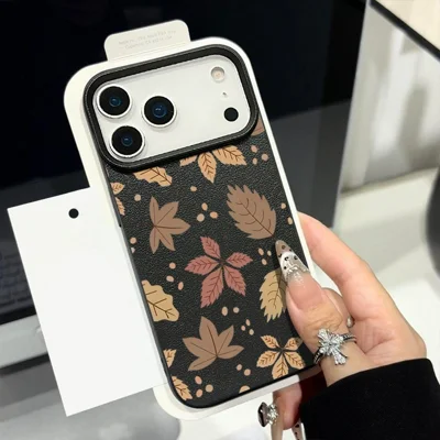 For iPhone 17 Pro Max Case Autumn Leaf Pattern Leather Coated PC TPU Phone Cover - B065B1