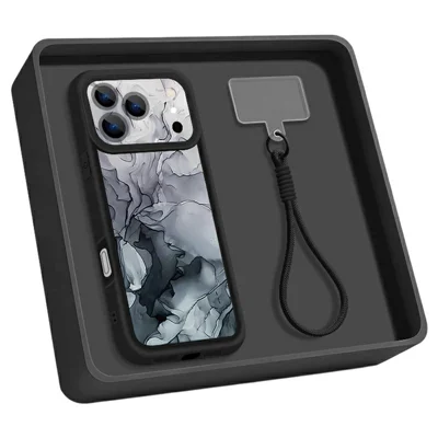 Für iPhone 17 Pro Hülle mit Handschlaufe Tinten-Marmor-Muster Vollständiger Objektivschutz TPU Handyhülle - A408B1T1
