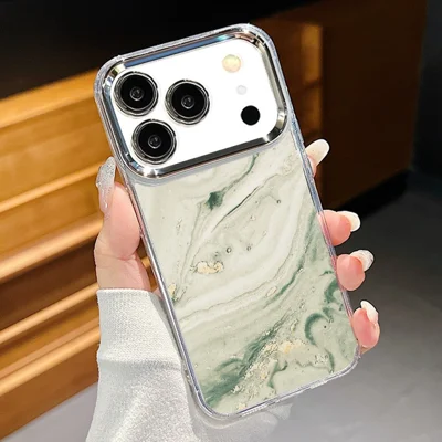 For iPhone 17 Pro Max Case Marble Pattern Electroplated Camera Frame Soft TPU Phone Cover - B855TR