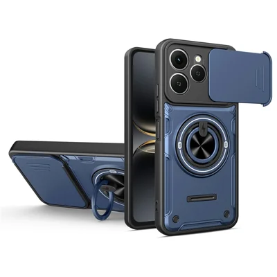 For TECNO Spark 40 4G Magnetic Case Sliding Camera Cover TPU+PC Phone Cover with Rotating Kickstand - Sapphire