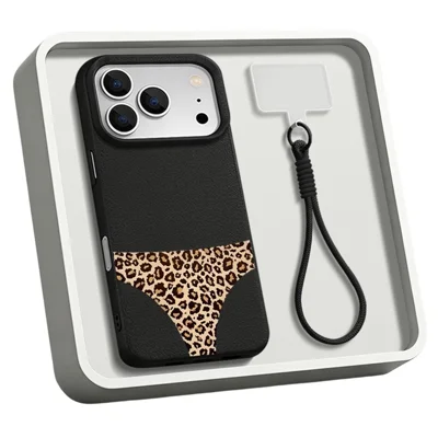 Obudowa na iPhone'a 17 Pro Max z rączką w pasku, wzór lamparta, tekstura litchi, powłoka skórzana TPU - B678B1