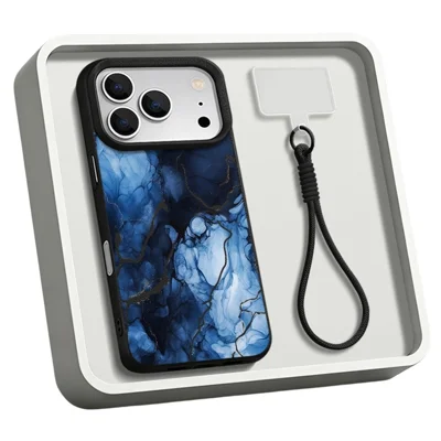 Til iPhone 17 Pro Max hylster med håndbøjle, mønstertryk, litchi-tekstureret læderbelagt PC-telefonhylster - B686B1