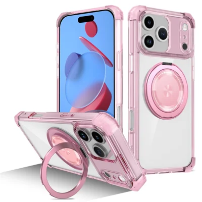 For iPhone 18 Pro Max / 17 Pro Max Magnetisk Case med Roterbar Støtte PC + TPU Bagside - Transparent Rosa