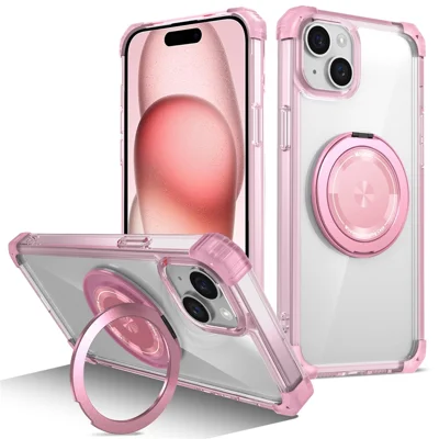 For iPhone 15 Magnetic Case Rotating Kickstand PC + TPU Back Cover - Transparent Pink