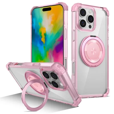 For iPhone 16 Pro Max Magnetic Case Rotating Kickstand PC + TPU Back Cover - Transparent Pink